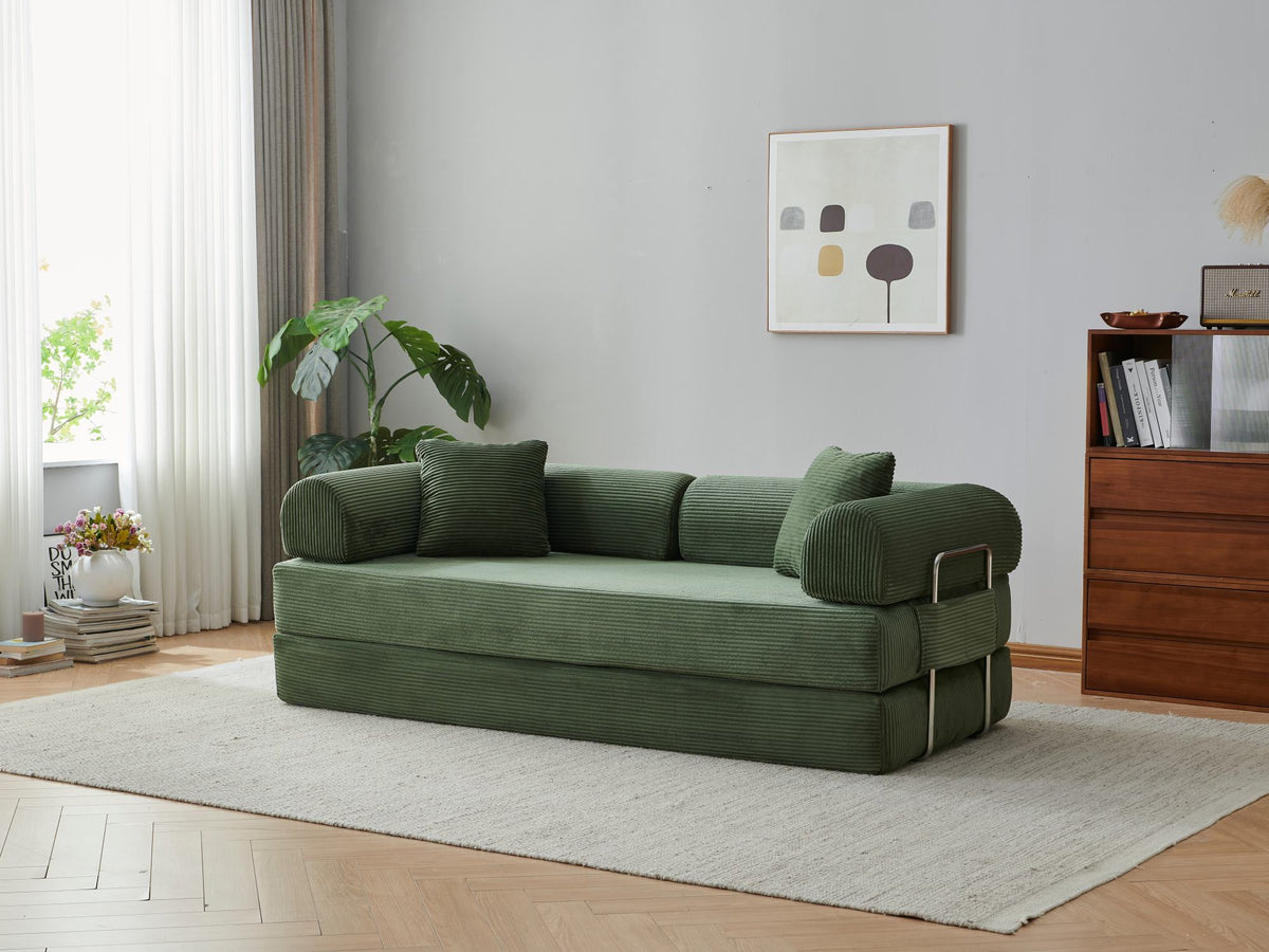 78.8' Compression Sofa,Convertible Floor Sofa Bed-with Pillow Back Support Armrest,Comfy Futon Couch Sleeper Bed,Loveseats Boneless Modular Sectional Sofa,Corduroy fabric,for Living Room,Bedroom,Green