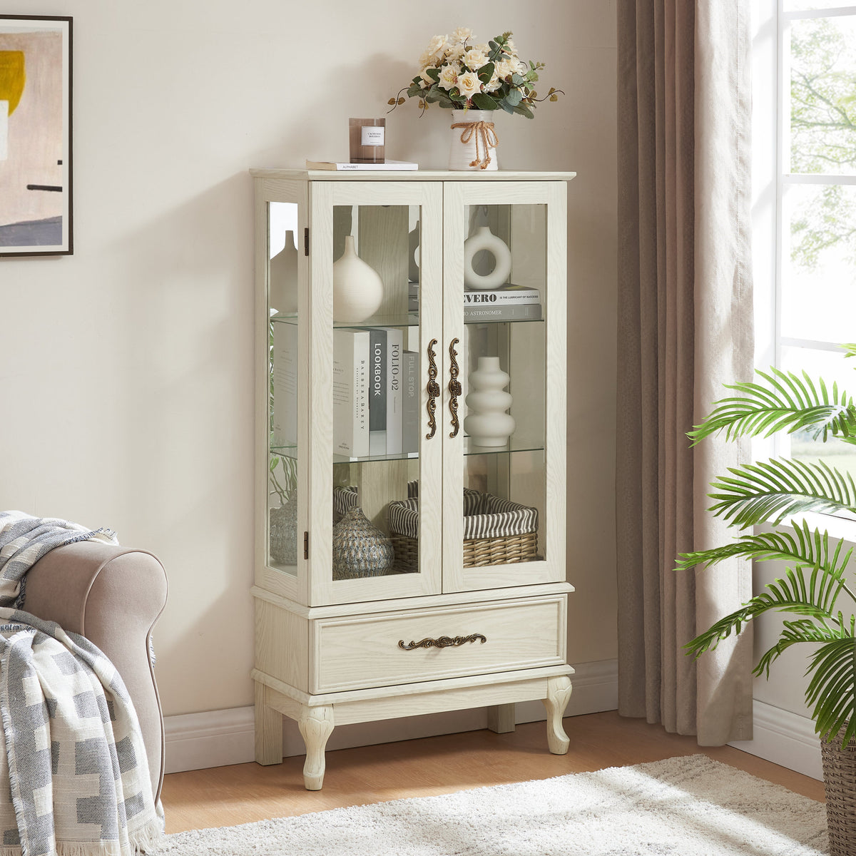 Curio Cabinet Lighted Glass Cabinet Glass Wine Cabinet Curio Display Cabinet with Adjustable Glass Shelves 2 Doors and 1 drawer Cabinet – Antique White