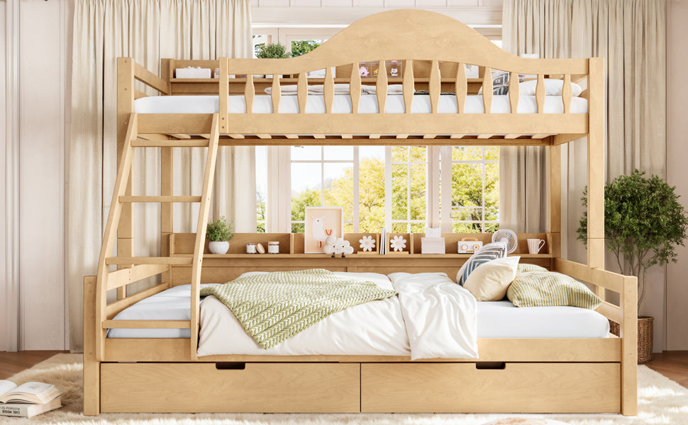Twin XL Over Queen Bunk Bed with Storage Drawers, Chic Curved Guardrail & Side Storage Shelves, solid wood Bunk Bed Frame with Ladder, No Box Spring Needed. Natural