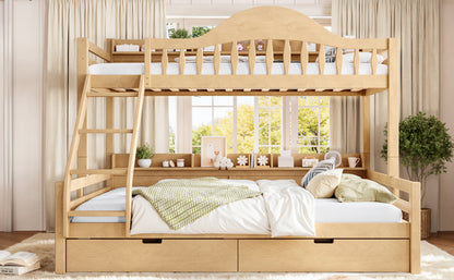 Twin XL Over Queen Bunk Bed with Storage Drawers, Chic Curved Guardrail & Side Storage Shelves, solid wood Bunk Bed Frame with Ladder, No Box Spring Needed. Natural