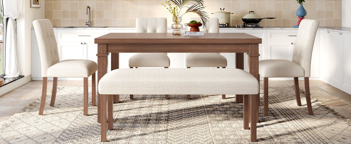 6-Piece Modern Dining Set, Rectangle Kitchen Table with 4 Upholstered Chairs & Bench, Ideal, (Easy Assembly, Space Saving)
