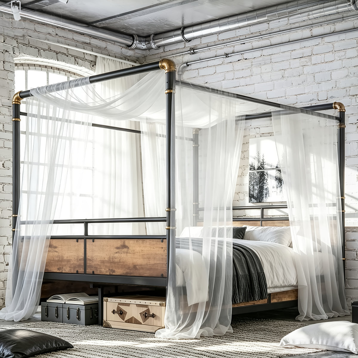 Queen Size Metal Canopy Bed, Upgraded Round-Pipe Metal Bed Frame, Industrial Modern Design, Black