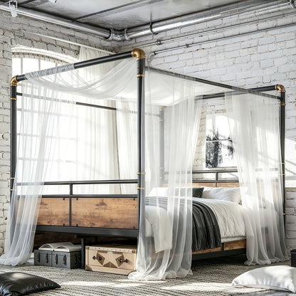 Queen Size Metal Canopy Bed, Upgraded Round-Pipe Metal Bed Frame, Industrial Modern Design, Black