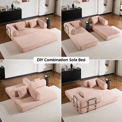 Convertible Sleeper Sofa Bed with Cylindrical Pillow, Corduroy Folding Mattress Couch with Fixed-Shape Frame, Floor Sofa Lounge Couch - Pink