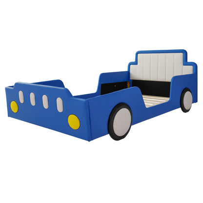 Twin Size Race Car-Shaped Platform Bed with Wheels,Blue