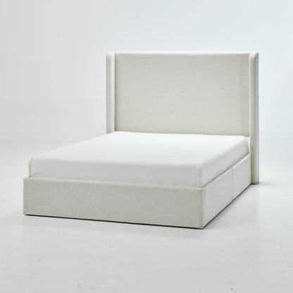 Carmen Upholstered Wingback Bed / Upholstered Platform Bed Frame / 54" High Headboard / Simplicity / Minimalist / No Box Spring Needed / Easy Assembly / Queen/ Textured Ivory Canvas / No Noise
