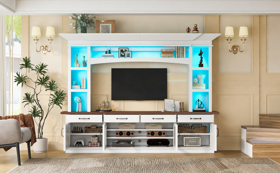 94.3' Extra Long Farmhouse TV Stand with 7-Color LED Lights, Adjustable Shelves & Storage Cabinets, Modern Entertainment Center Media Console for 65 Inch TVs for Living Room