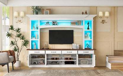 94.3' Extra Long Farmhouse TV Stand with 7-Color LED Lights, Adjustable Shelves & Storage Cabinets, Modern Entertainment Center Media Console for 65 Inch TVs for Living Room