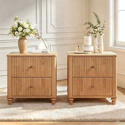 ETA:9.4-CA:20) Fluted Nightstand 2-Piece Set, 21.65' Wide Side Table with 3 Drawers, Mid Century Modern Wood NightStand with Metal Handle, Wooden Bedside End Table for Bedroom, Living Room, Natural