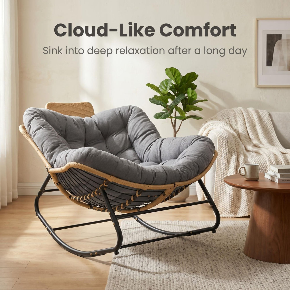 39.37"Papasan Rocking Chair Outdoor, Oversized Patio Egg Chair with Thick Cushion And Handwoven Rattan Head Pillow,Indoor Wicker Lounge Rocker Bed for Balcony, Porch, Garden, Dark Grey