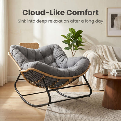 39.37"Papasan Rocking Chair Outdoor, Oversized Patio Egg Chair with Thick Cushion And Handwoven Rattan Head Pillow,Indoor Wicker Lounge Rocker Bed for Balcony, Porch, Garden, Dark Grey
