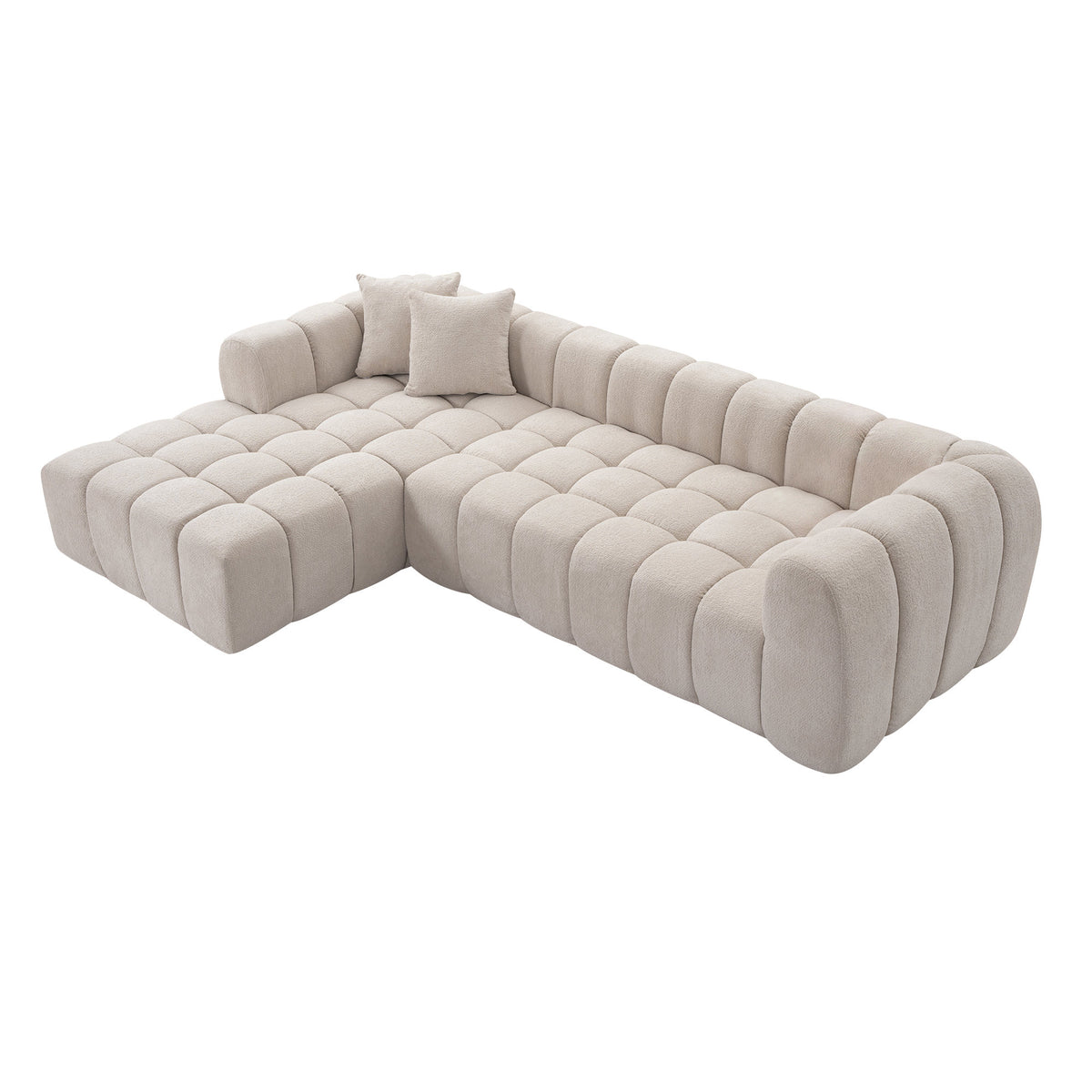 111.3" Camel Tufted Bubble Modular Sectional Sofa, Vacuum Compressed Foam L Shape Cloud Couch, Boucle Teddy Fabric Plush Corner Sofa with Pillows, Boneless Compression Sofa for Living Room.