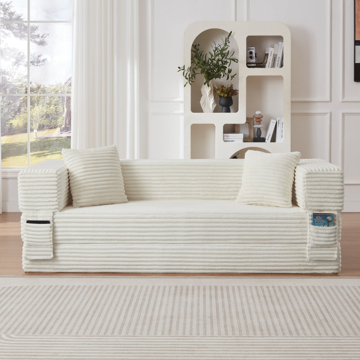 Modern cord sofa with stylish appearance, classic square design, unique two-tier design, convertible into a bed
