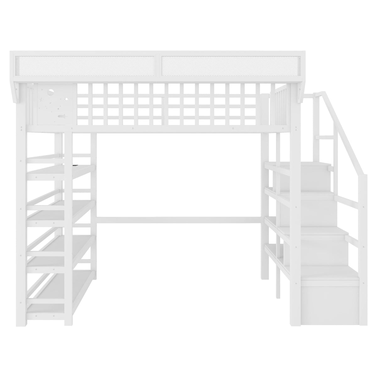 Full Loft Bed with 4 Shelf Storage Rack and Charging Station,Metal Full Loft Bed with Stairs Storage for Kids Teens, Patent Products,White(Old skuW2580S00075)