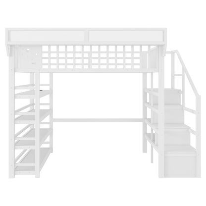 Full Loft Bed with 4 Shelf Storage Rack and Charging Station,Metal Full Loft Bed with Stairs Storage for Kids Teens, Patent Products,White(Old skuW2580S00075)