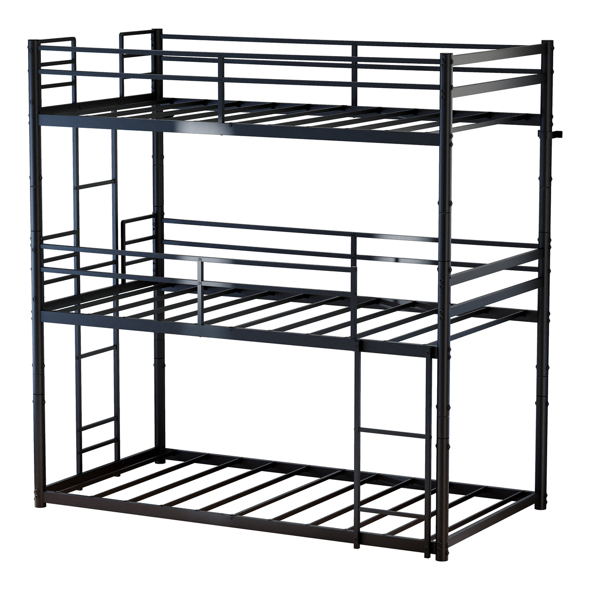 Metal Triple Bunk Bed Twin over Twin over Twin, Convertible 3-in-1 Detachable Bed Frame with Anti-Tip Bracket, Guardrails, Slats Support, Noise Free, No Box Spring, Black