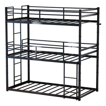 Metal Triple Bunk Bed Twin over Twin over Twin, Convertible 3-in-1 Detachable Bed Frame with Anti-Tip Bracket, Guardrails, Slats Support, Noise Free, No Box Spring, Black