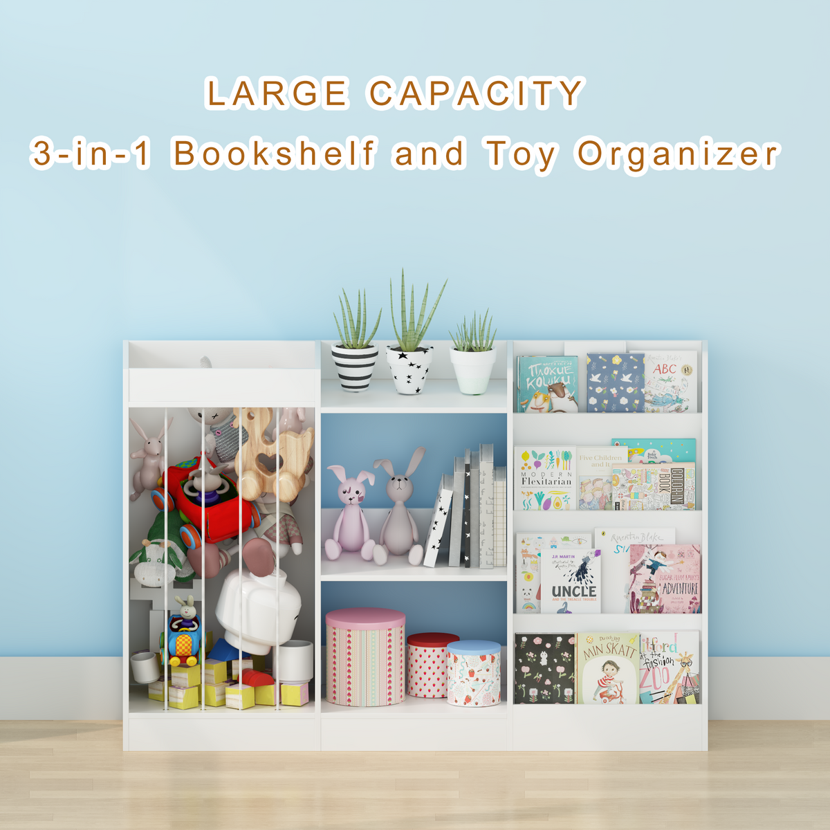 Kids Bookshelf and Toy Storage, 3-Tier Book Shelf, Sling Baby Bookcase with Stuffed Animal Storage, Toddler Montessori Bookshelf