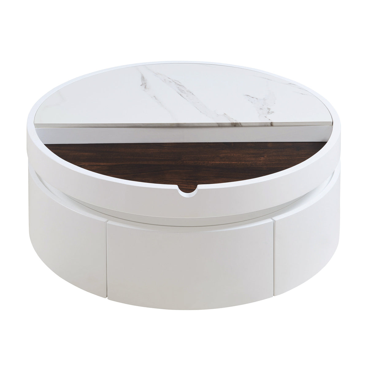 White Round Lift Coffee Table with 1 Drawer in 29.5', Marble Veneer and Wood Grain Tabletop