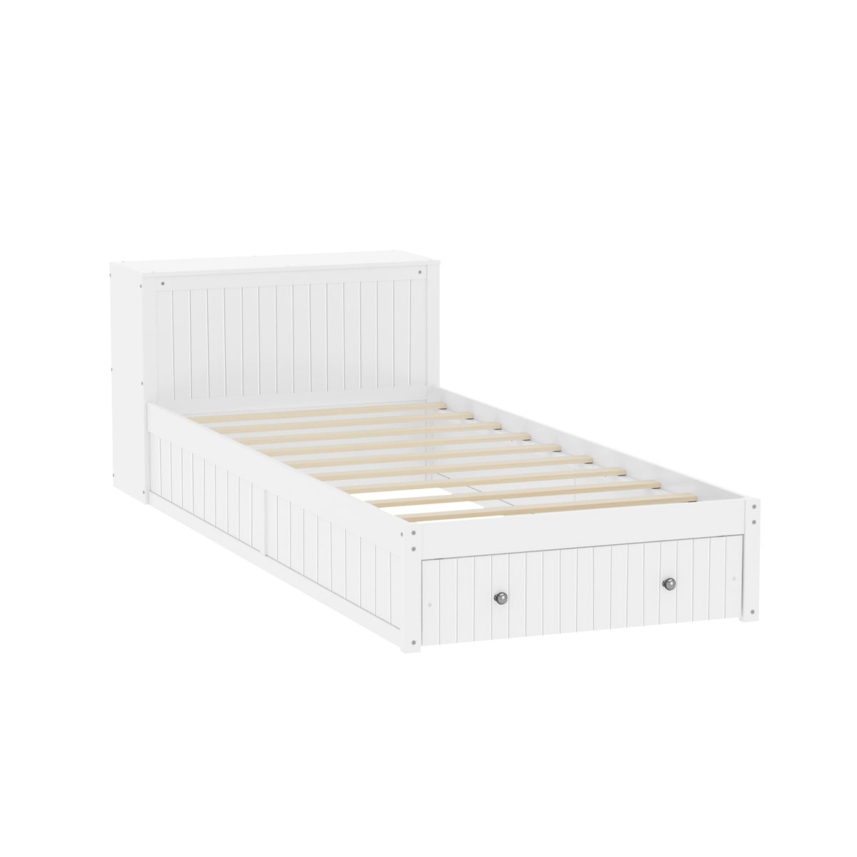Twin Modern Platform Bed with Integrated Desk and Storage, Wood Bed Frame with wide Headboard, Footboard Drawers & Side Shelves, Multifunctional Space Saving Bedroom Furniture for Teen and Kids, White