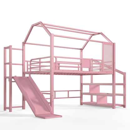 Full House Loft bed with Slide and Stairs, Metal Playhouse Bed with Storage Shelves, House-shaped Roof and Noise-free Design, Pink