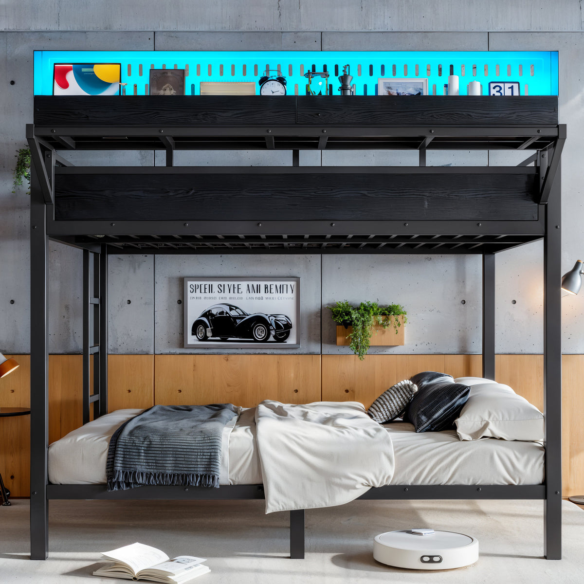 Queen over Queen Size Metal Bunk Bed with Storage Shelves and Pegboard, Bunk Bed Frame with USB Ports and LED Lights, Space-Saving, for Teens and Adults, Black