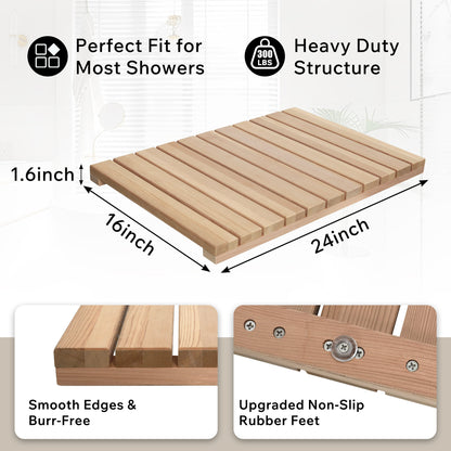 Cedar Wood Shower Mat - Non-Slip Slatted Wooden Bath Mat with Rubber Feet, 24" x 16" Floor Pad for Bathroom, Bathtub, Spa, Sauna & Garden, Indoor/Outdoor Use