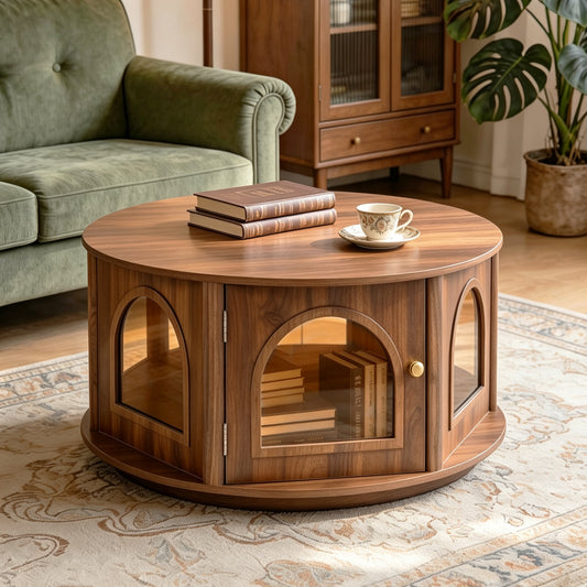 31.5' Round Coffee Table  with Storage, Arched Glass Door Pet House Table in Walnut Wood Grain, Mid-Century Modern Furniture for Living Room