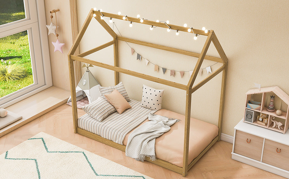 Twin Size Wooden House Bed, Wood Color