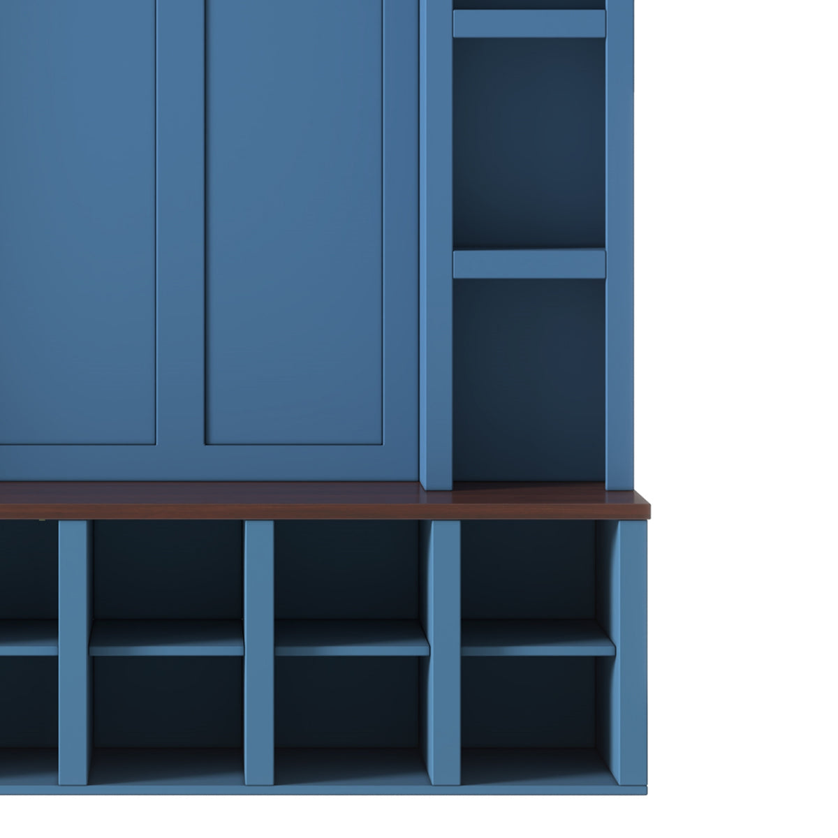 Farmhouse Wooden Hall Tree with 6 Hooks, Walnut Storage Bench with Adjustable Shelves, 4-in-1 Entryway Shoe Cabinet with Cubbies for Mudroom, Living Room, Blue (New Color of N721S000044K-1/B-1)
