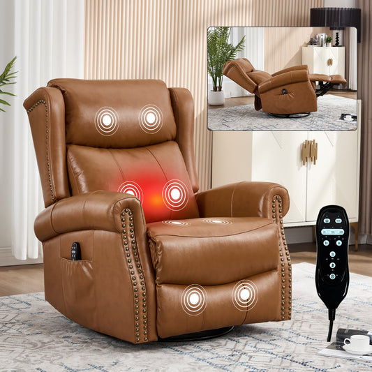 Heat Massage Manual Recliner Chair with Rocker and Swivel in Genuine leather, Yellow