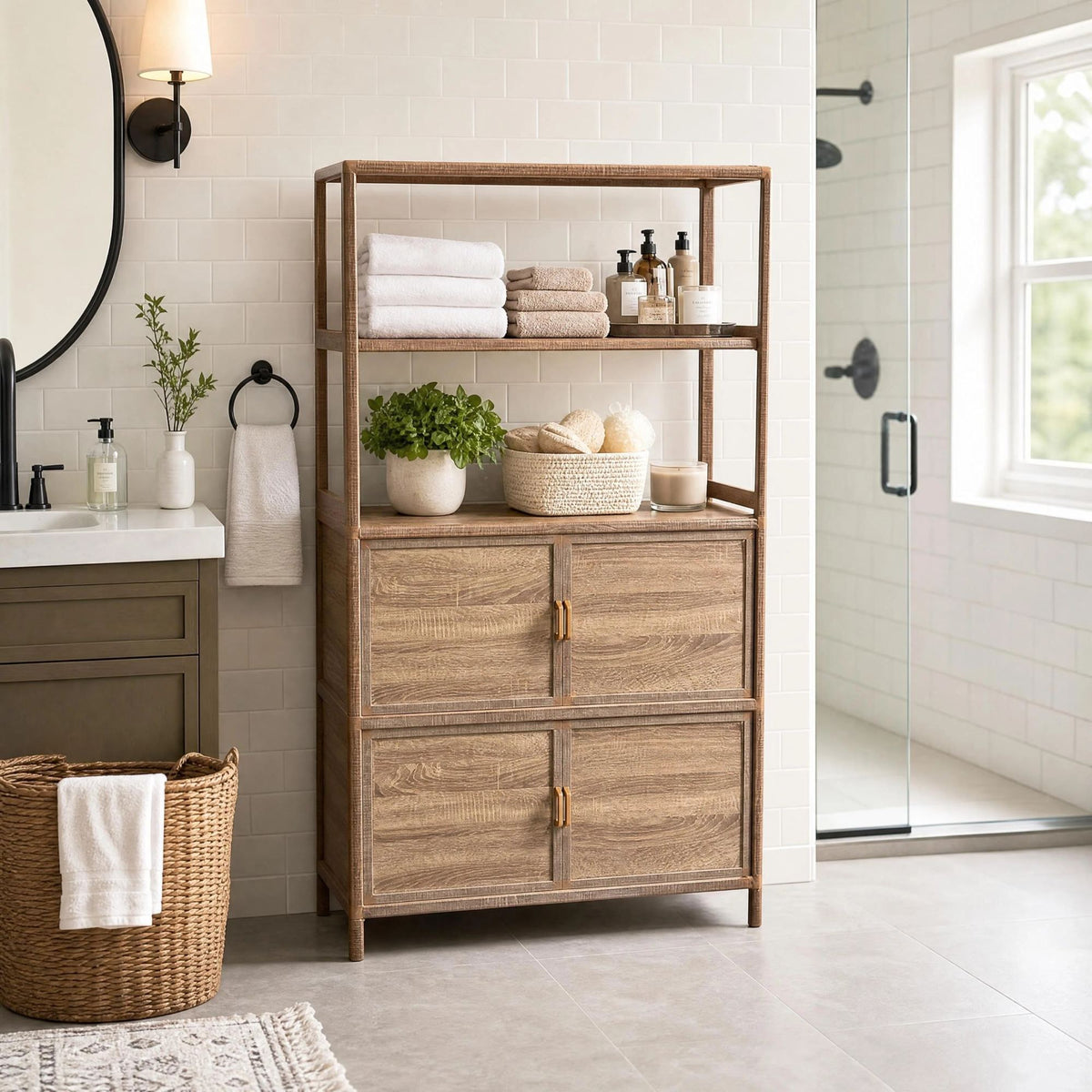 Tall Storage Cabinet with Open Shelving, 35.00" W x 16.73" D x 68.11" H, Freestanding Wood-Grain Aluminum Storage Cabinet with 4-Door Closed Storage for Kitchen, Entryway, Patio & Garage