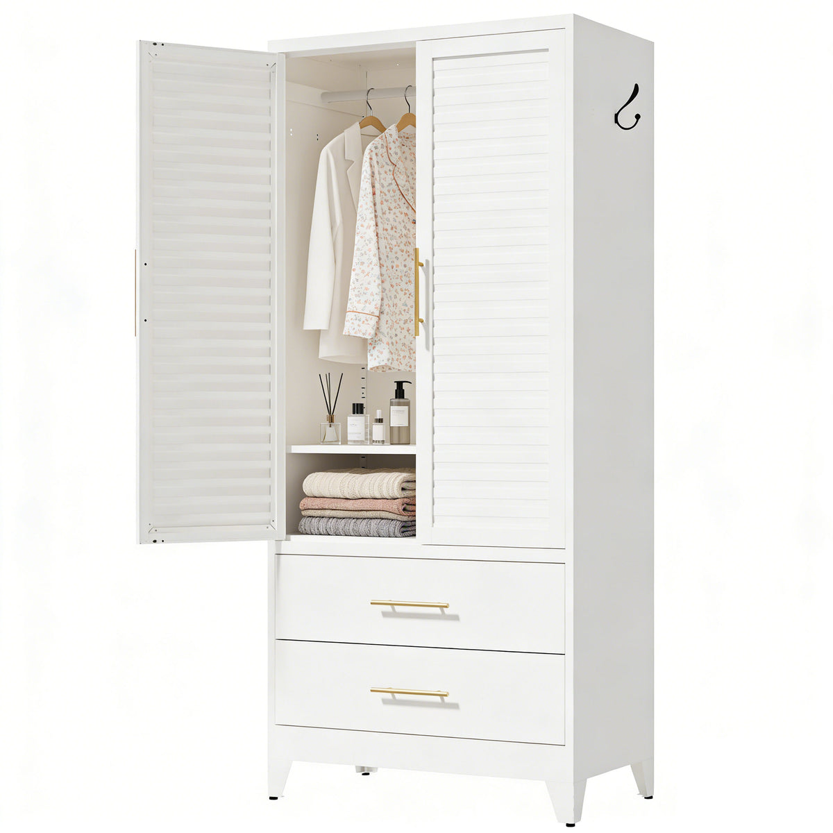 White Metal Wardrobe Closet with 2 Doors and Drawers, 71″ Tall Storage Cabinet, Lightweight Portable Closet for Small Apartments, Renters