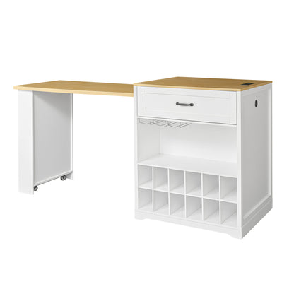 U_STYLE Extendable Counter Table with Wheels,Bar Table with Built-in Power Outlet,Farmhouse Wine Cabinet with Double-Sided Drawers,Suitable for Kitchen & Home Bar (Chairs Not Included)
