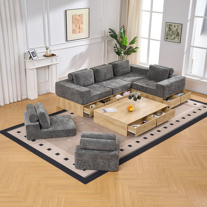 6-seat Modular Sectional Sofa with Storage Drawers, Multi-Functional L-Shaped Couch with Built-In Cabinet Base and Center Table Design, Convertible Combination Sofa Set, Modern Upholstered Sofa