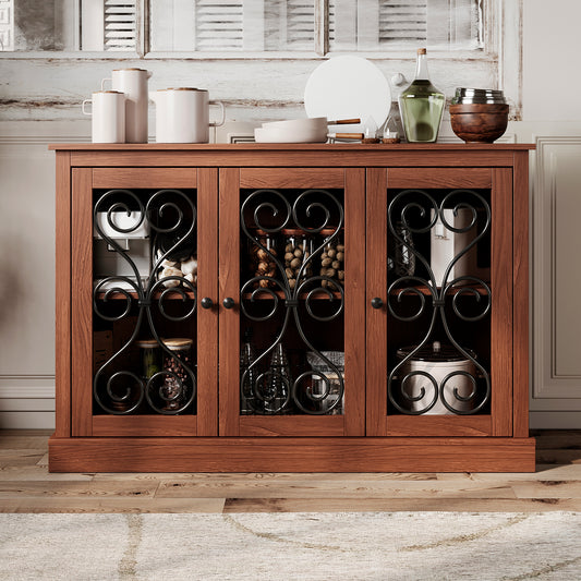 Morden Fort Sideboard Buffet Cabinet with Storage, 47" Wood Coffee Bar with 3 metal-decor. Doors, Mid Century Modern for Living Room, Kitchen and Entryway