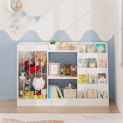 Kids Bookshelf and Toy Storage, 3-Tier Book Shelf, Sling Baby Bookcase with Stuffed Animal Storage, Toddler Montessori Bookshelf