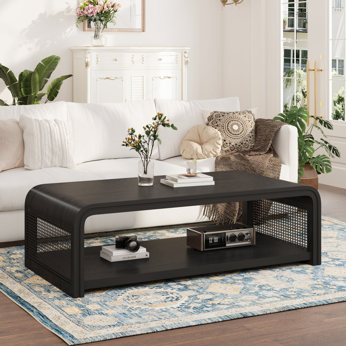 Curved Rectangular Coffee Table with Rattan Sides, 2-Tier Storage Wooden Center Table,Boho Farmhouse Low Tea Table,suitable for Living Room,Apartment, Home Decor,Black