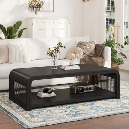 Curved Rectangular Coffee Table with Rattan Sides, 2-Tier Storage Wooden Center Table,Boho Farmhouse Low Tea Table,suitable for Living Room,Apartment, Home Decor,Black