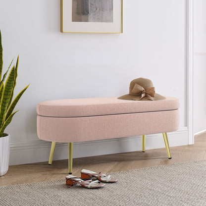 Ottoman Oval Storage Bench, Flannel with Metal Legs-Pink(43.5'x16'x16')