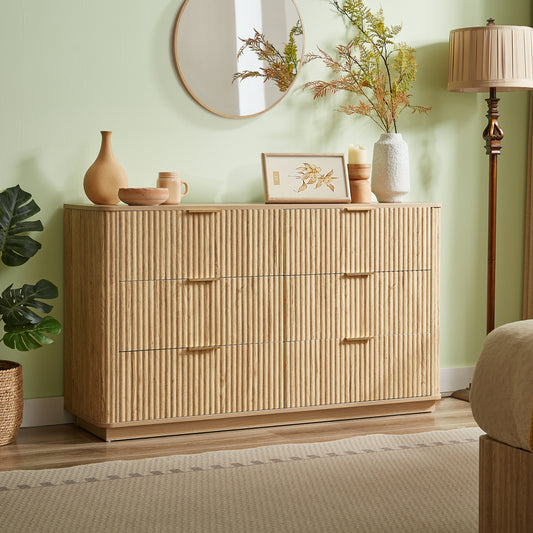 6 Drawers Dresser,55' Wide Modern Chest of Drawers Curved wave Design, Dresser TV Stand, Wood Drawer Organizer for Bedroom, Living Room, Hallway, Walnut,55.12''W x 15.75''D x 31.5''H.