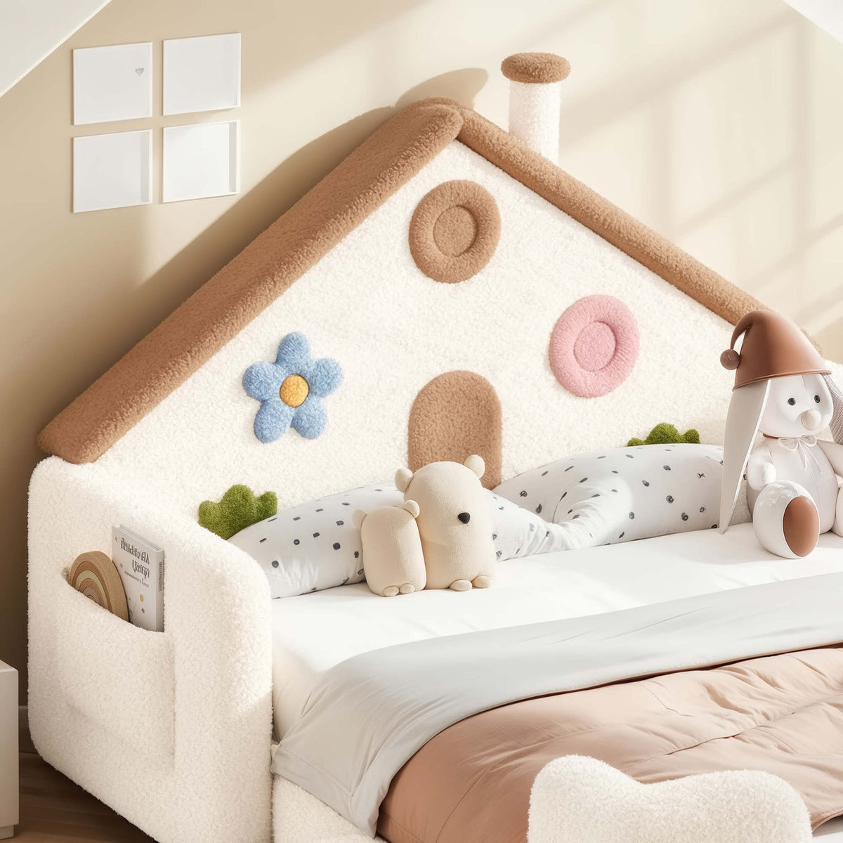 Full House Shaped Upholstered Floor bed, Upholstered Kids bed with Safety Side Rails, Solid Children Bed Frame, Low Floor Playhouse Bed for Nursery & Kids Bedroom.Beige & Natural