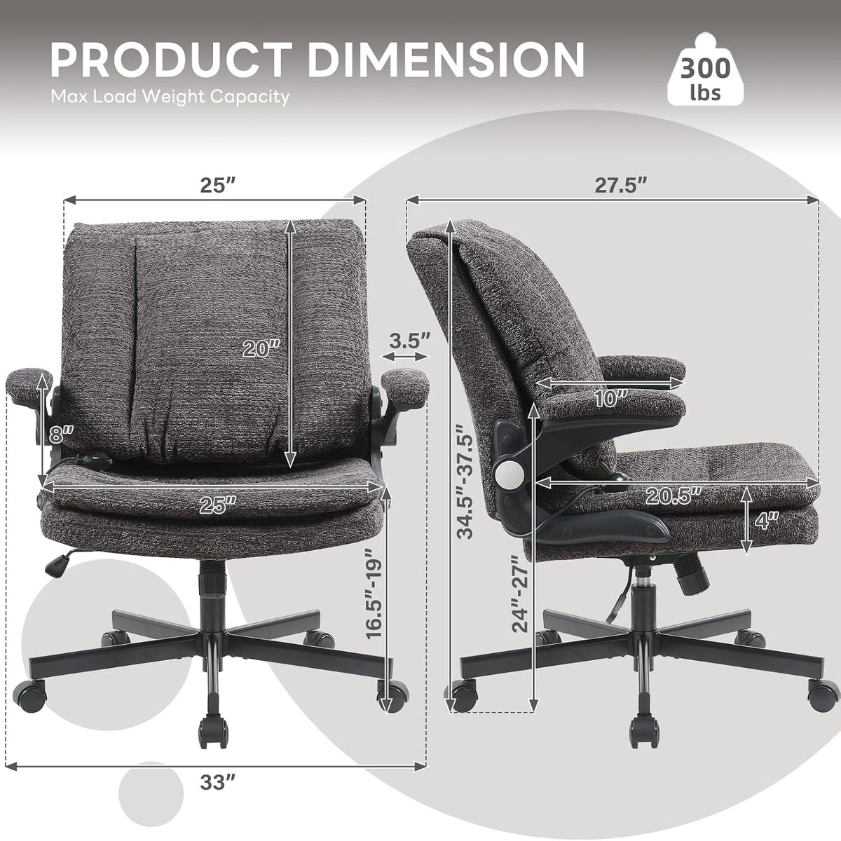 Criss Cross Legged Office Chair with Flip-Up Back Built-In Dynamic Airbag Lumbar Support, Wide Seat Desk Chair with Flip-Up Arms and Wheels, Modern Cross-Leg Chair for Home Office, Vanity,Gray.