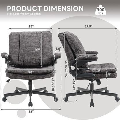 Criss Cross Legged Office Chair with Flip-Up Back Built-In Dynamic Airbag Lumbar Support, Wide Seat Desk Chair with Flip-Up Arms and Wheels, Modern Cross-Leg Chair for Home Office, Vanity,Gray.