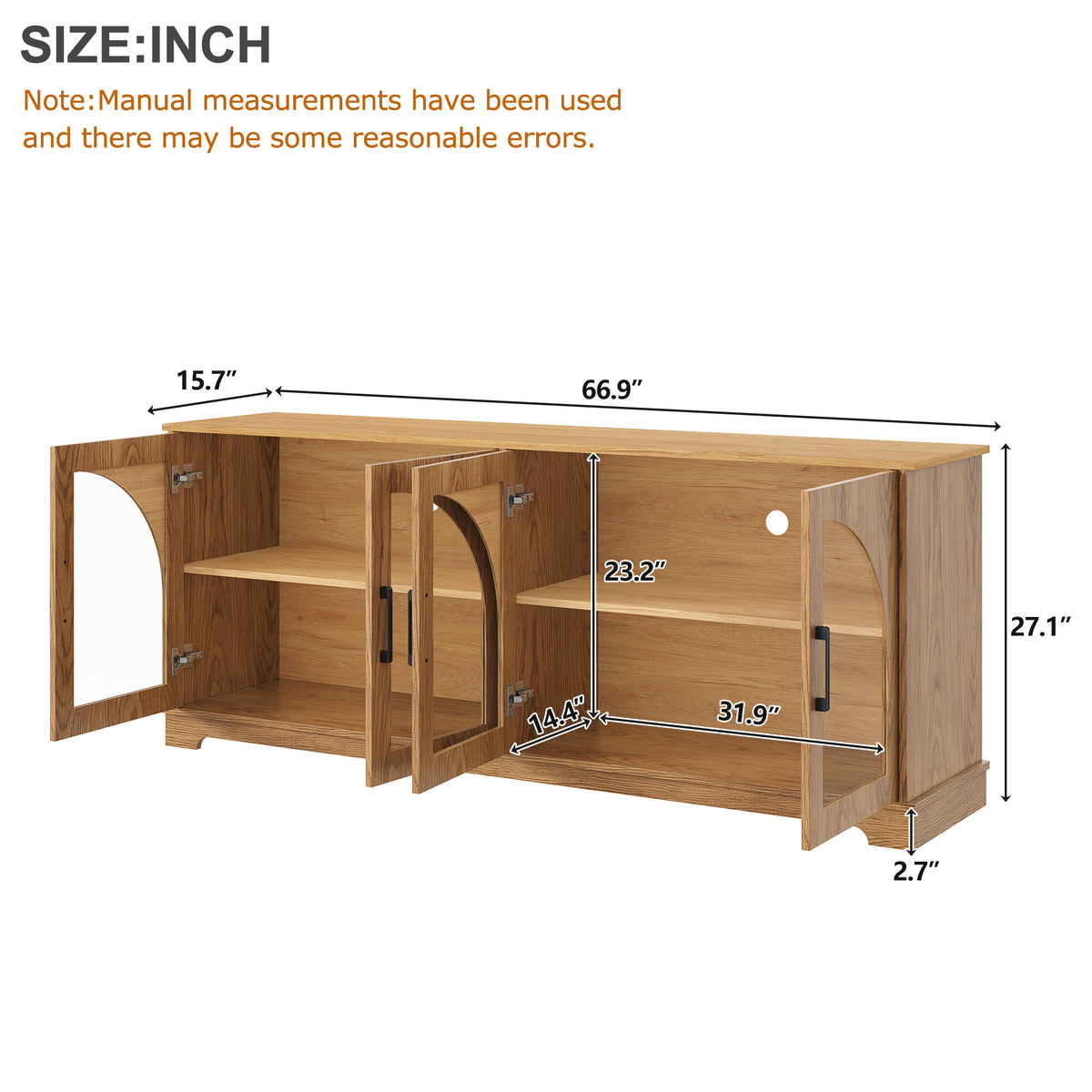 Farmhouse TV Stand with Semi-Arched Glass Doors for TVs Up to 70", Elegant Two-Tone Media Console with Adjustable Shelves, Wood Grain Sideboard with Cable Management for Living Room, Brown+Natural