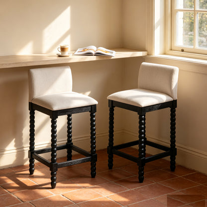 Farmhouse Coastal Counter Stools Set of 2,  Rubberwood Bobbin Legs, Linen-Like Upholstered Bar Stool with Backrest, 300 LBS Capacity Kitchen Island Stools