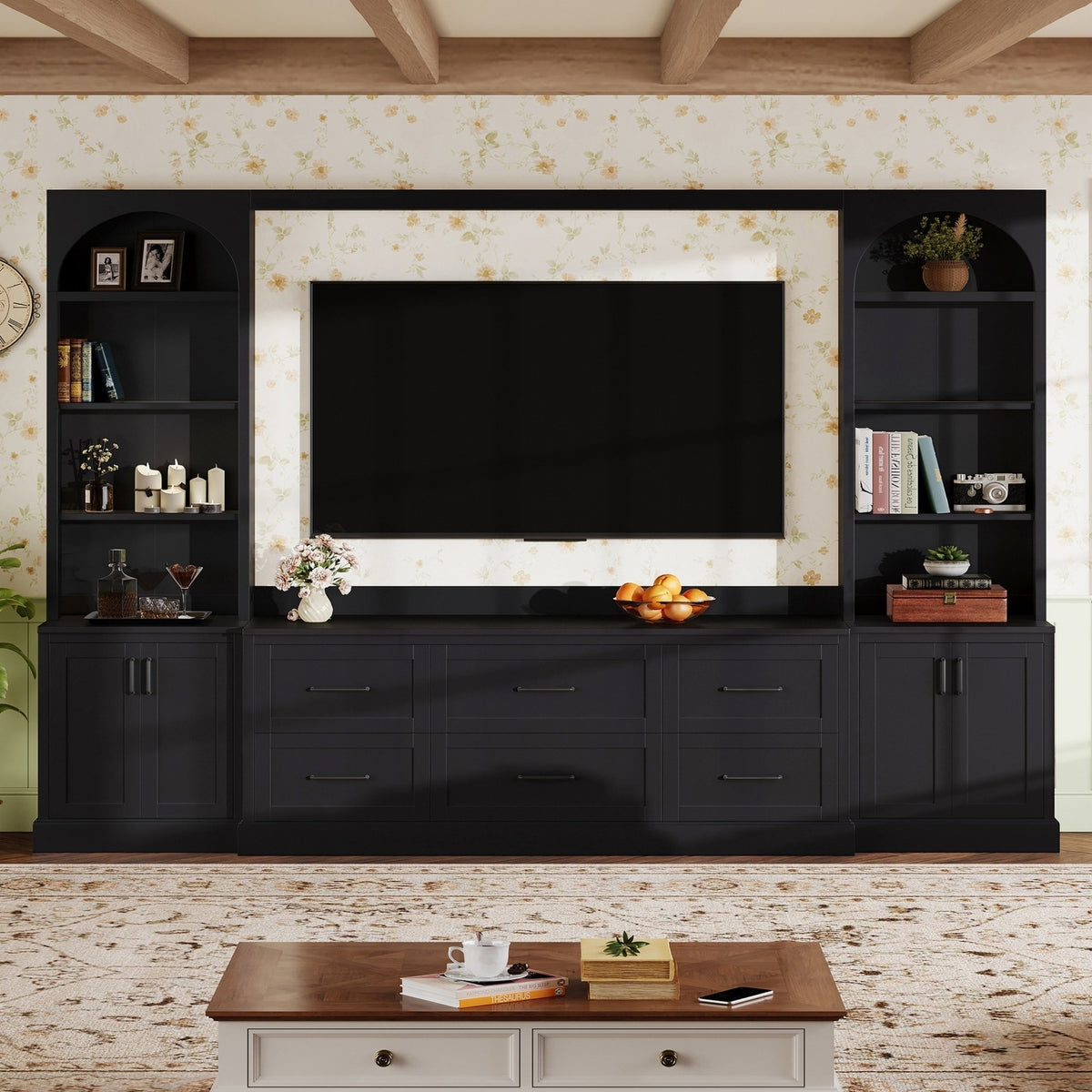 Modern Arched Entertainment Center Wall Unit with 6 Drawers, Farmhouse Large TV Stand with Bookshelves for TVs Up to 70', All-in-One Media Console with Adjustable Shelves for Living Room, Black