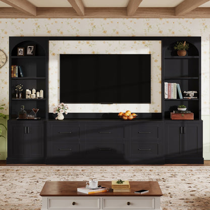 Modern Arched Entertainment Center Wall Unit with 6 Drawers, Farmhouse Large TV Stand with Bookshelves for TVs Up to 70', All-in-One Media Console with Adjustable Shelves for Living Room, Black
