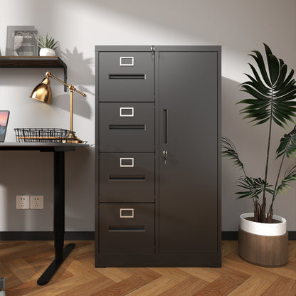 Metal Storage Vertical Filing Cabinet with Lock, Steel File Locker with 4 Drawers and 1 door for School, Living Room, Bedroom, Office (Black)