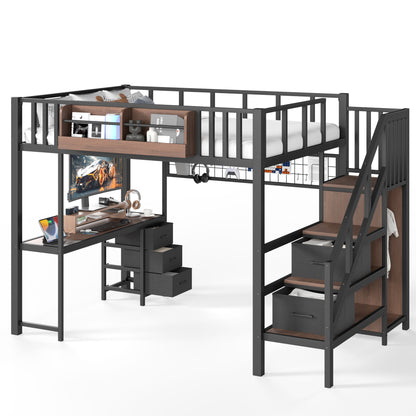 Full Size Loft bed with desk, Heavy Duty save space Loft Bed with Drawers & Storage Stair, All-in-One Metal Frame Multi-Functional Loft Bed for Teens Adults, Black
